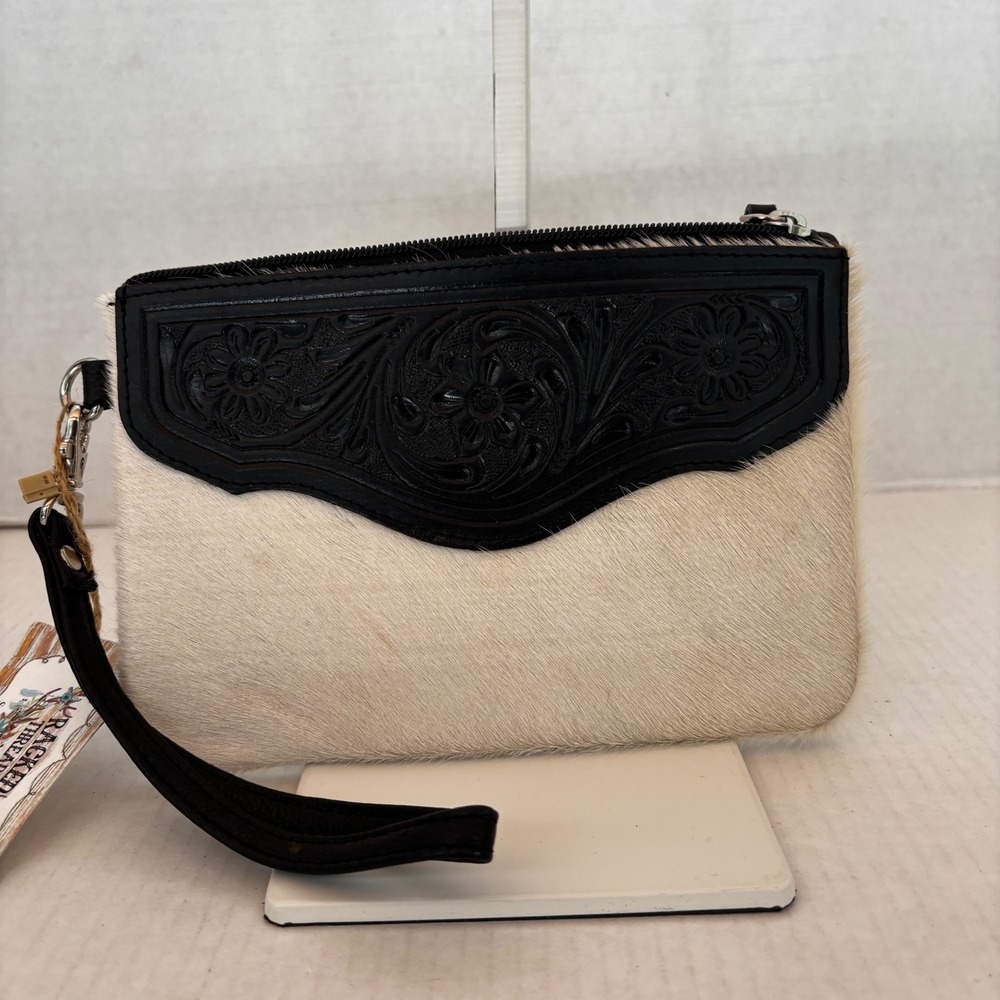 Cowhide Wristlet Women White Black Tooled‎ Leather Floral BohoNew Cowgirl